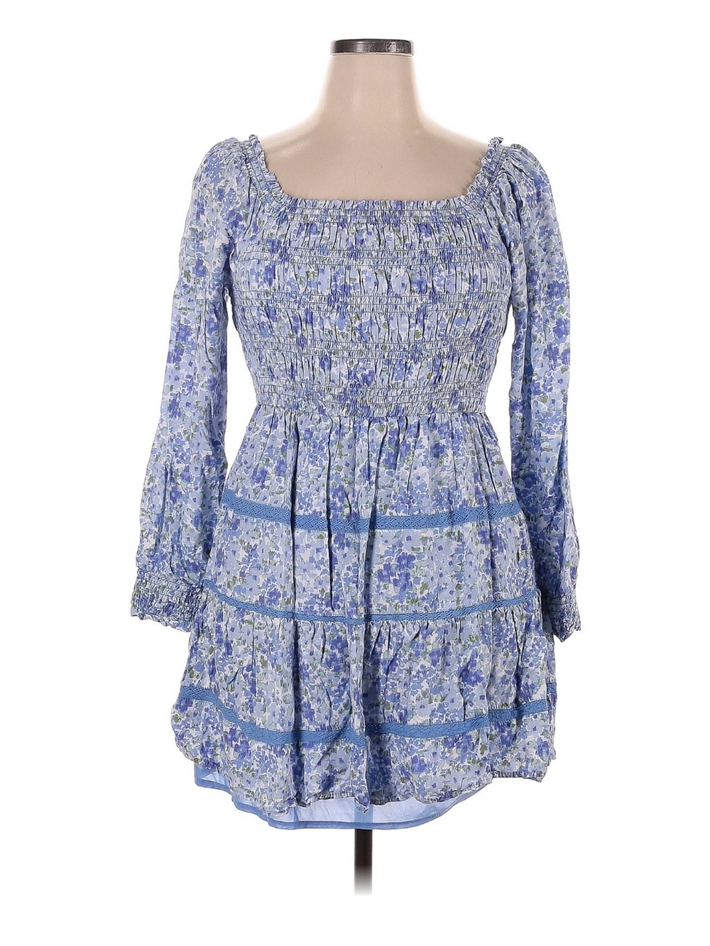 Japna Blue Floral Smocked Long Sleeve Mini Dress